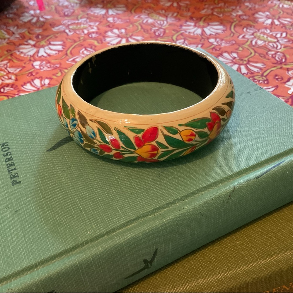Vintage Hand-painted Wooden Bangle Bracelet Floral Motif